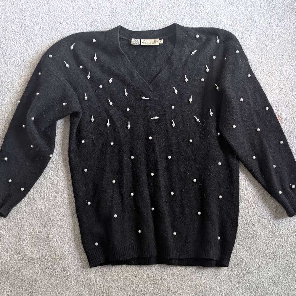 Vintage Pearl Beaded Angora V-Neck Sweater